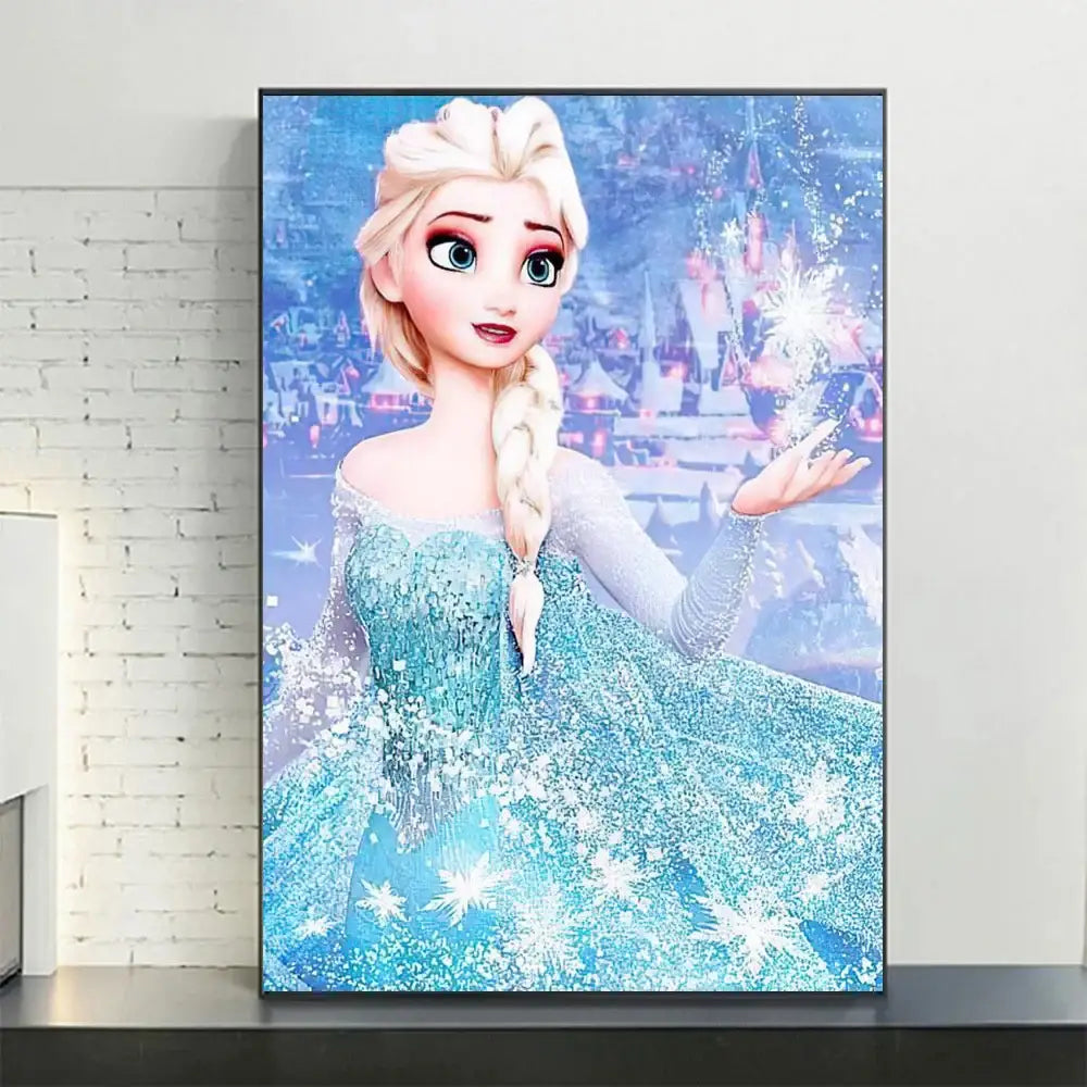 A framed teal elsa canvas print with snowflake details from DecorBites disney frozen anna and elsa canvas art