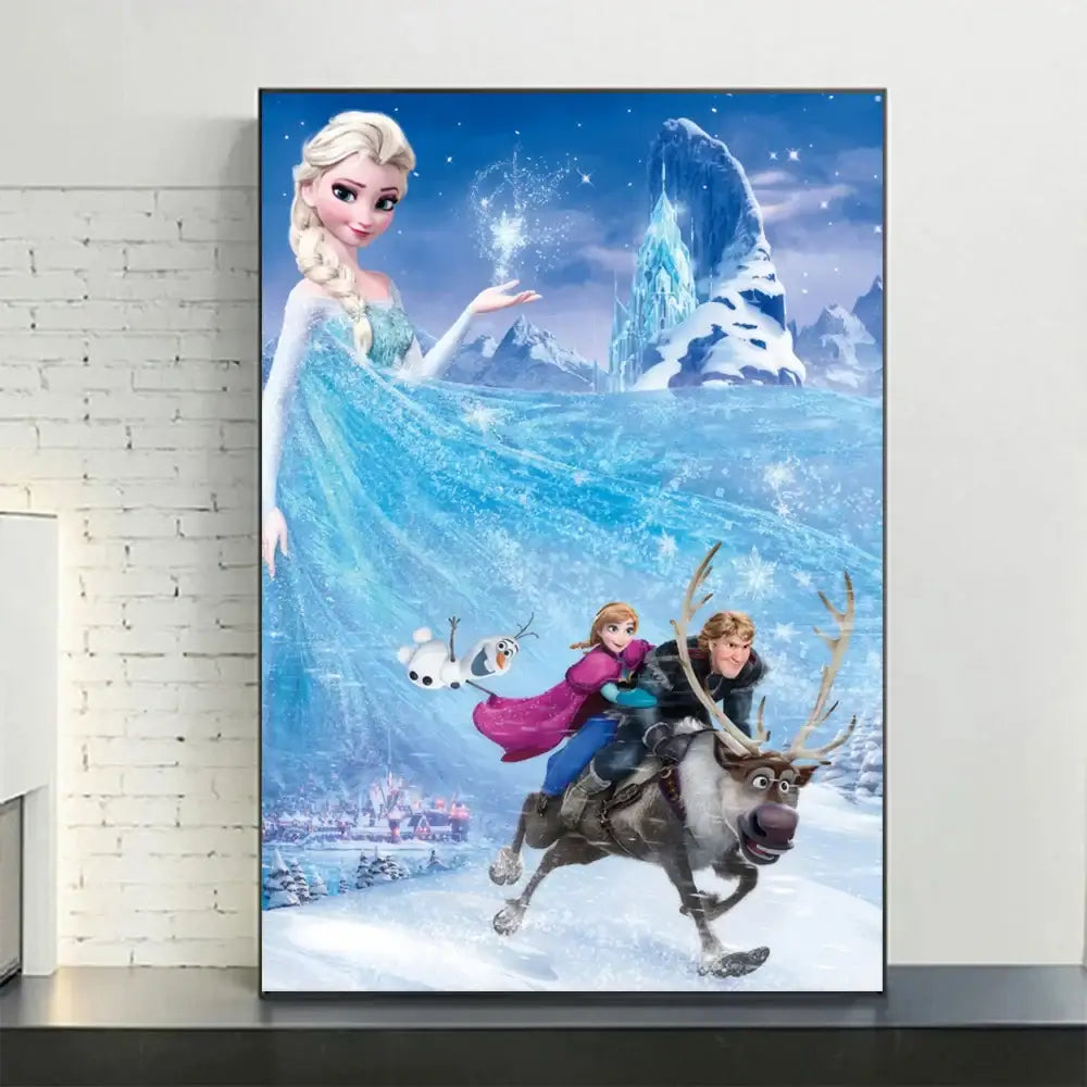 DecorBites™ disney frozen anna and elsa canvas art featuring vibrant blue and white frozen characters and magical ice castle