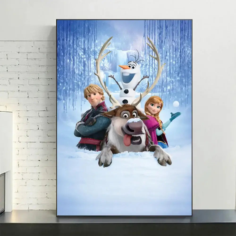 Vibrant rectangular decorbites™ disney frozen anna elsa canvas art featuring olaf on sven with anna and kristoff in snow