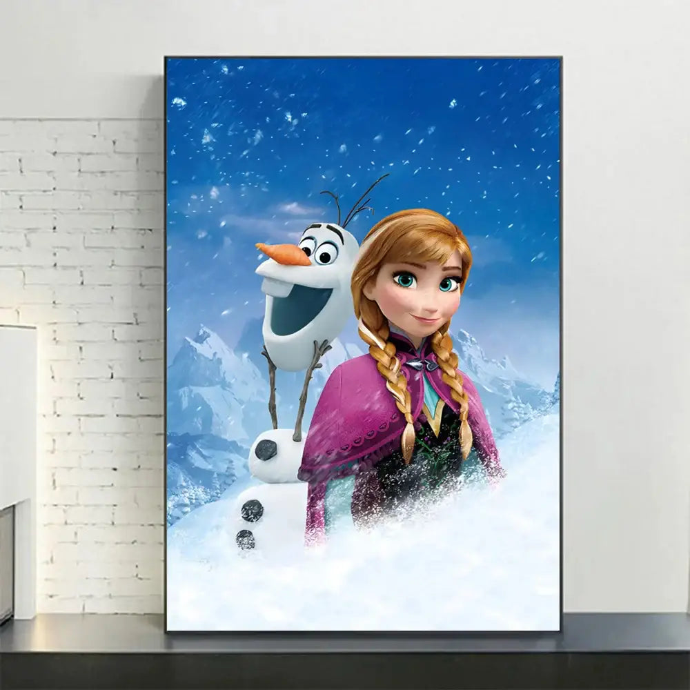 Vibrant disney frozen anna and elsa canvas art featuring anna in purple cape with olaf against snowy mountain backdrop