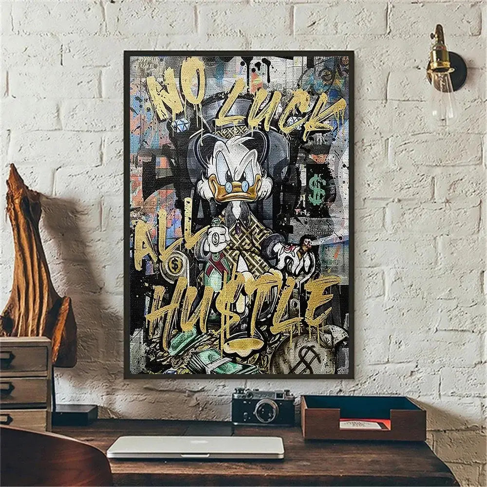 A framed graffiti-style canvas wall art featuring stylized donald duck in a suit with gold lettering and dollar signs from disney marvel donald