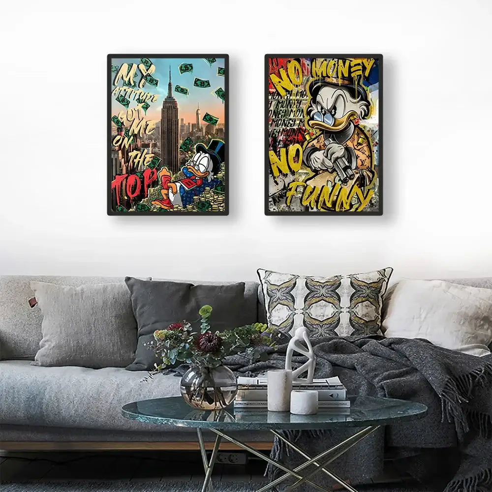Two framed comic-style donald duck disney marvel donald canvas wall art in bold colors mounted above gray sofa