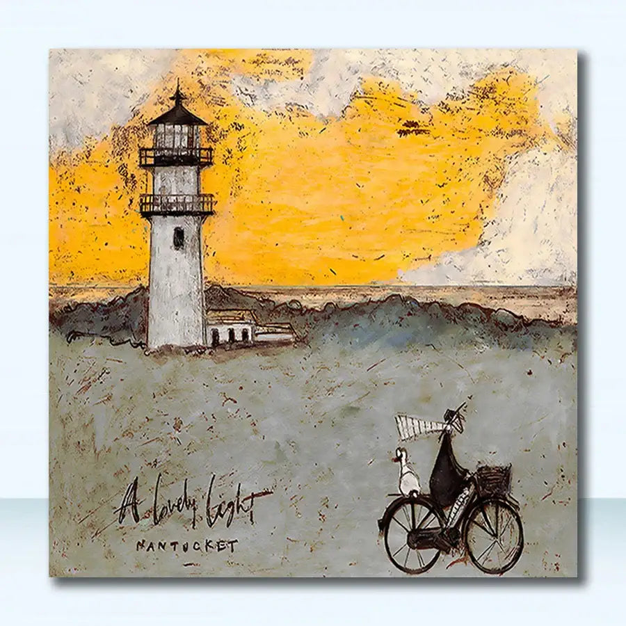 DecorBites™ dog lover nordic canvas wall art featuring a white lighthouse and cyclist against an orange gray sky