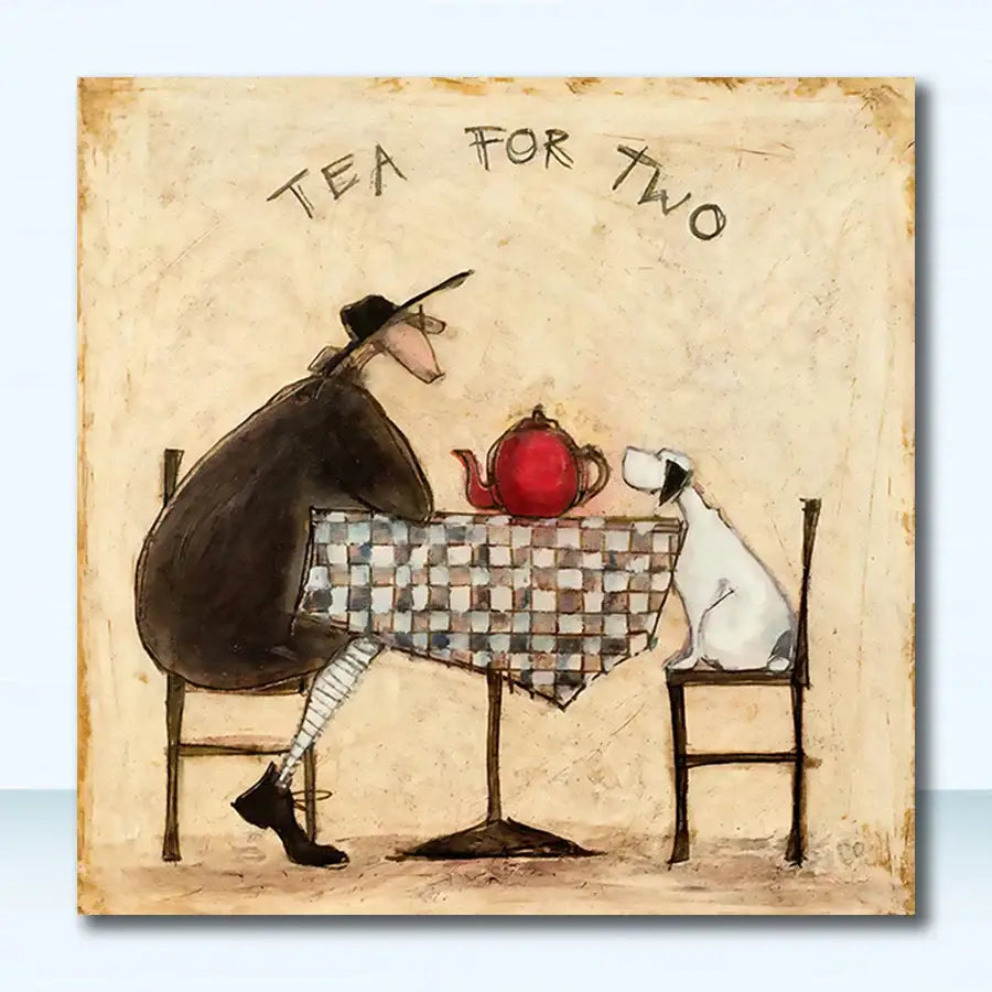 A whimsical red ceramic teapot on a checkered tablecloth featured in decorbites™ dog lover nordic canvas wall art