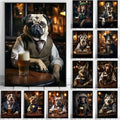 A framed DecorBites™ dog pub canvas print of a pug in a beige vest holding a beer glass for wall art decoration