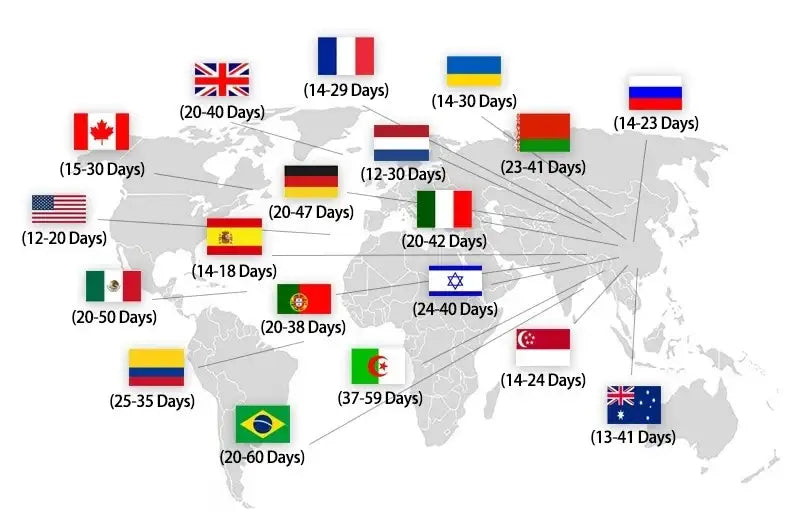 World map infographic with national flags showing delivery time ranges in days for DecorBites™ dog pub canvas wall art