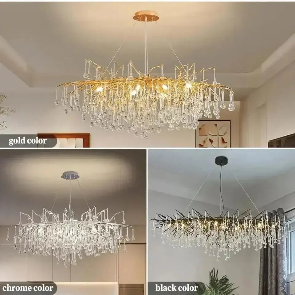 DecorBites™ elegant chrome crystal chandelier with gold and black metal frame and cascading crystals for living room lamp package
