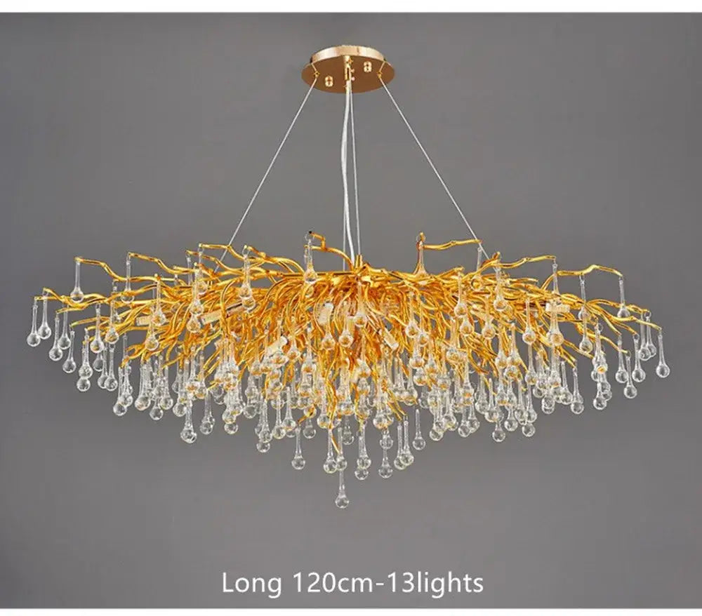 DecorBites™ elegant chrome crystal chandelier with golden branch design and dangling crystal teardrop pendants for living room