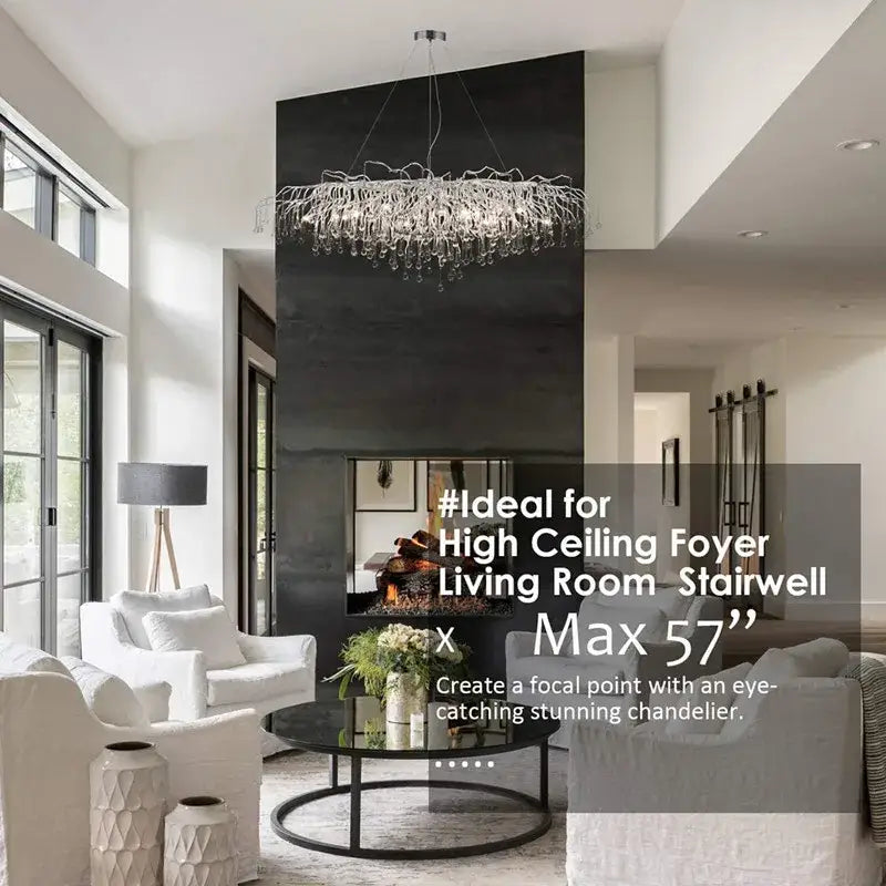DecorBites™ elegant chrome crystal chandelier with silver branch design and droplets for living room lamp package