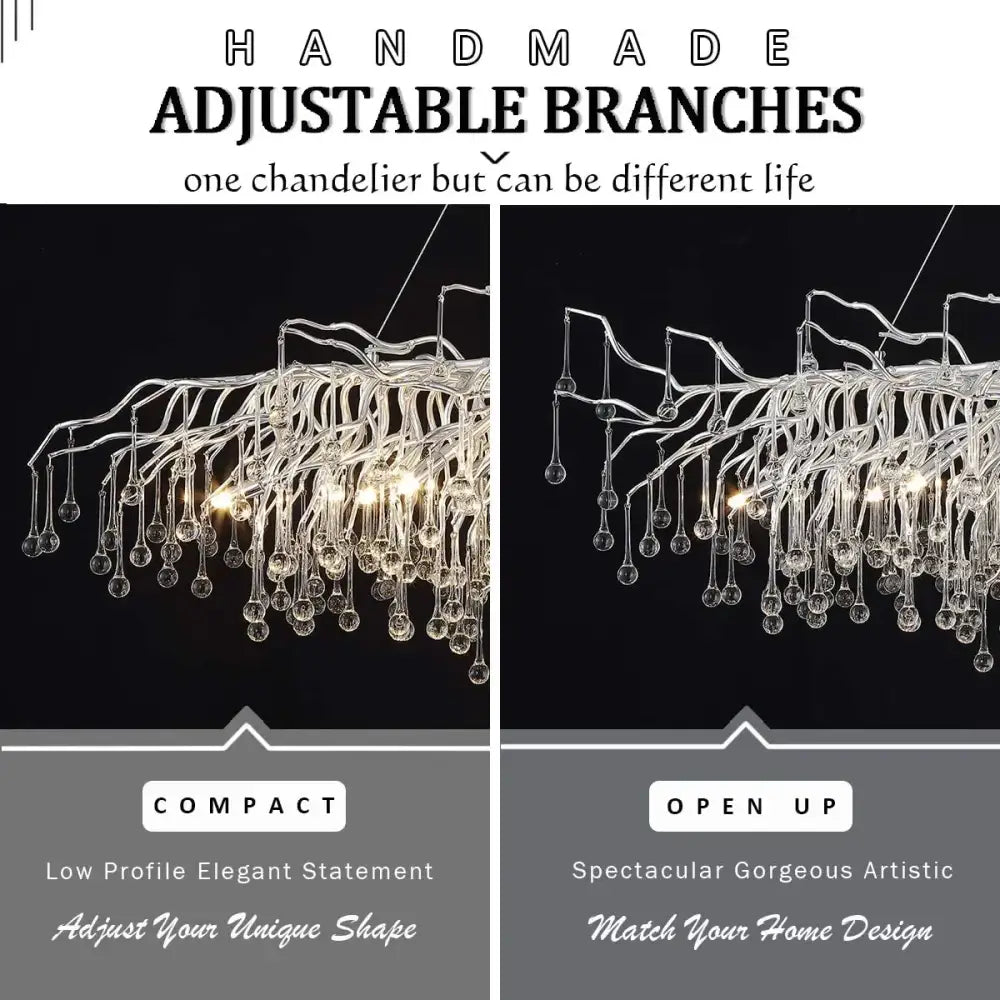 Silver metallic crystal chandelier with adjustable branch-like arms and dangling orbs for elegant chrome crystal lighting