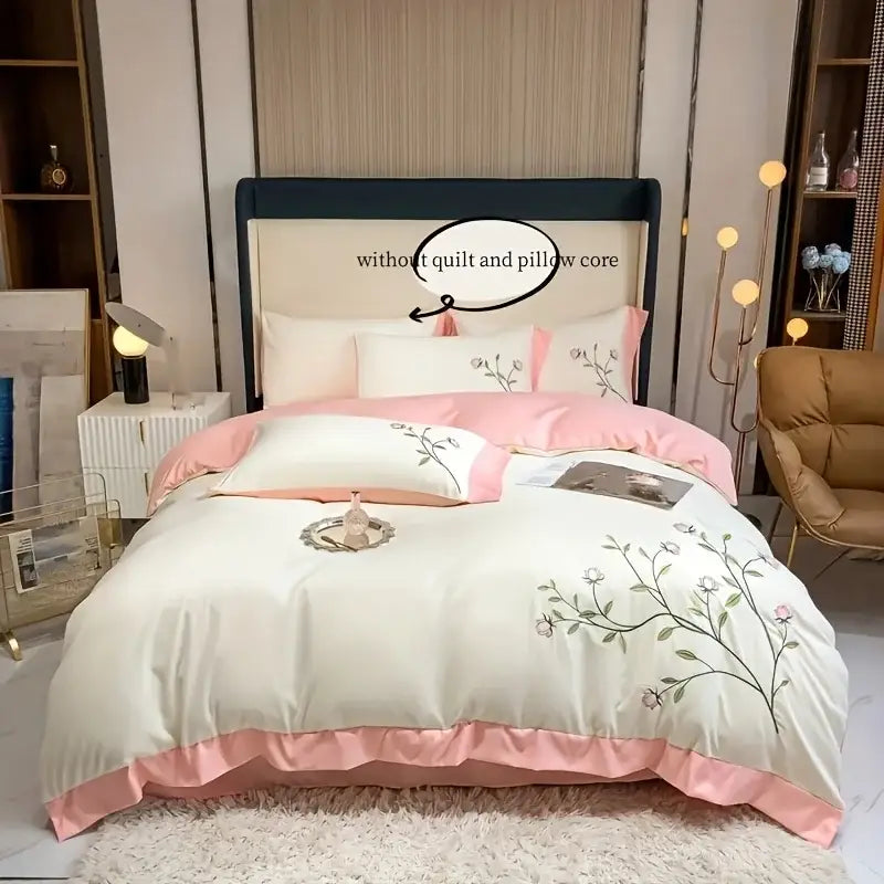 DecorBites™ Elegant Embroidery Duvet Cover Set, Blue Pink, 3 Pieces