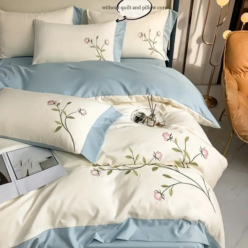 DecorBites™ Elegant Embroidery Duvet Cover Set, Blue Pink, 3 Pieces
