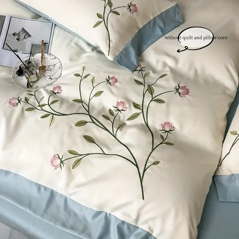 DecorBites™ Elegant Embroidery Duvet Cover Set, Blue Pink, 3 Pieces