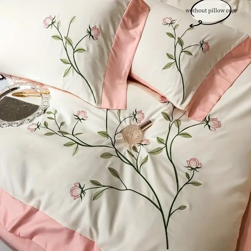 DecorBites™ Elegant Embroidery Duvet Cover Set, Blue Pink, 3 Pieces