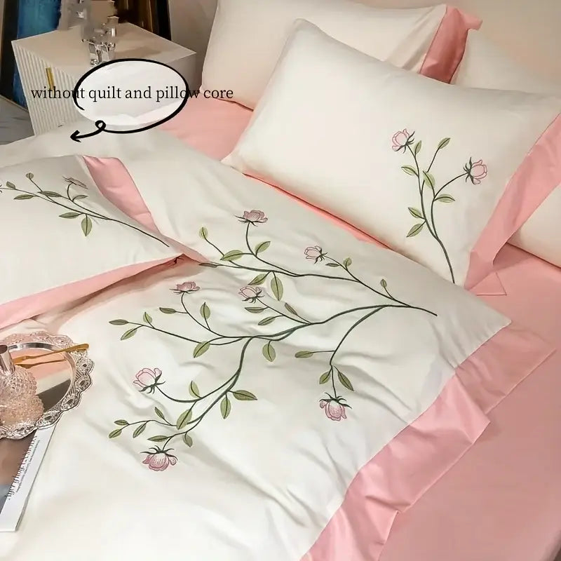 DecorBites™ Elegant Embroidery Duvet Cover Set, Blue Pink, 3 Pieces