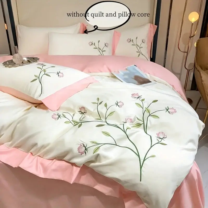DecorBites™ Elegant Embroidery Duvet Cover Set, Blue Pink, 3 Pieces