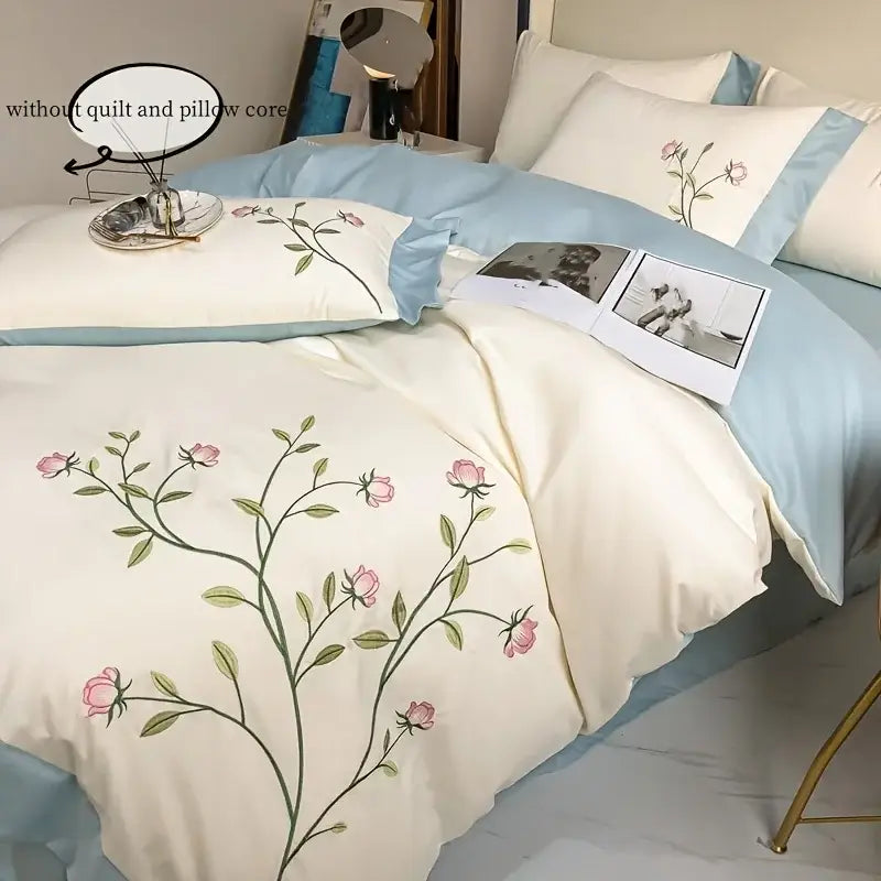 DecorBites™ Elegant Embroidery Duvet Cover Set, Blue Pink, 3 Pieces