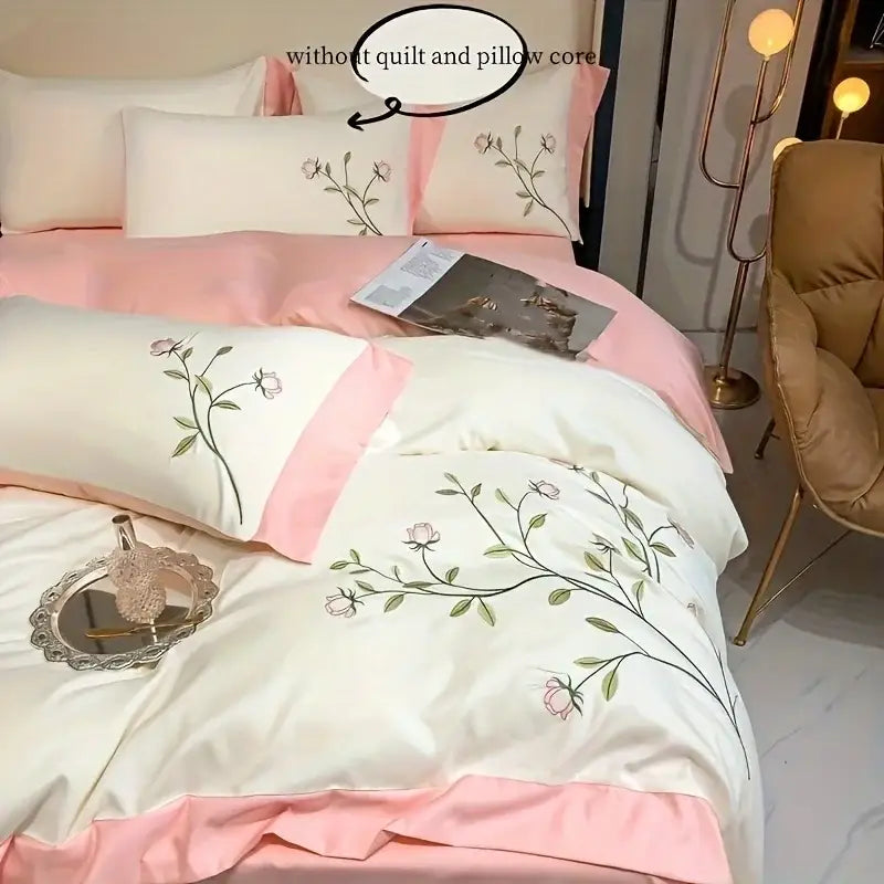 DecorBites™ Elegant Embroidery Duvet Cover Set, Blue Pink, 3 Pieces