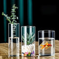 Decorbites™ elegant glass cylinder vase set featuring three clear glass cylinder vases with eucalyptus, succulent, and goldfish arrangements