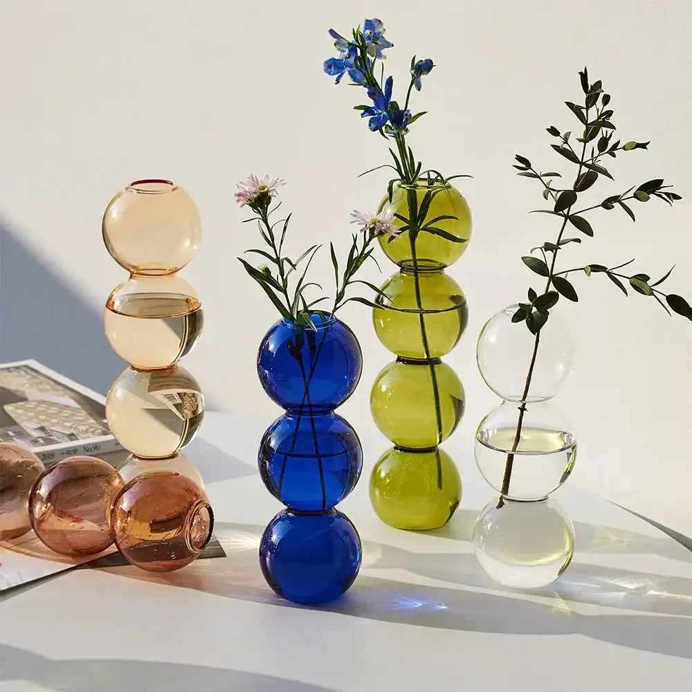 Stacked DecorBites™ elegant glass vase set in amber cobalt blue and lime green for stylish home decor accents