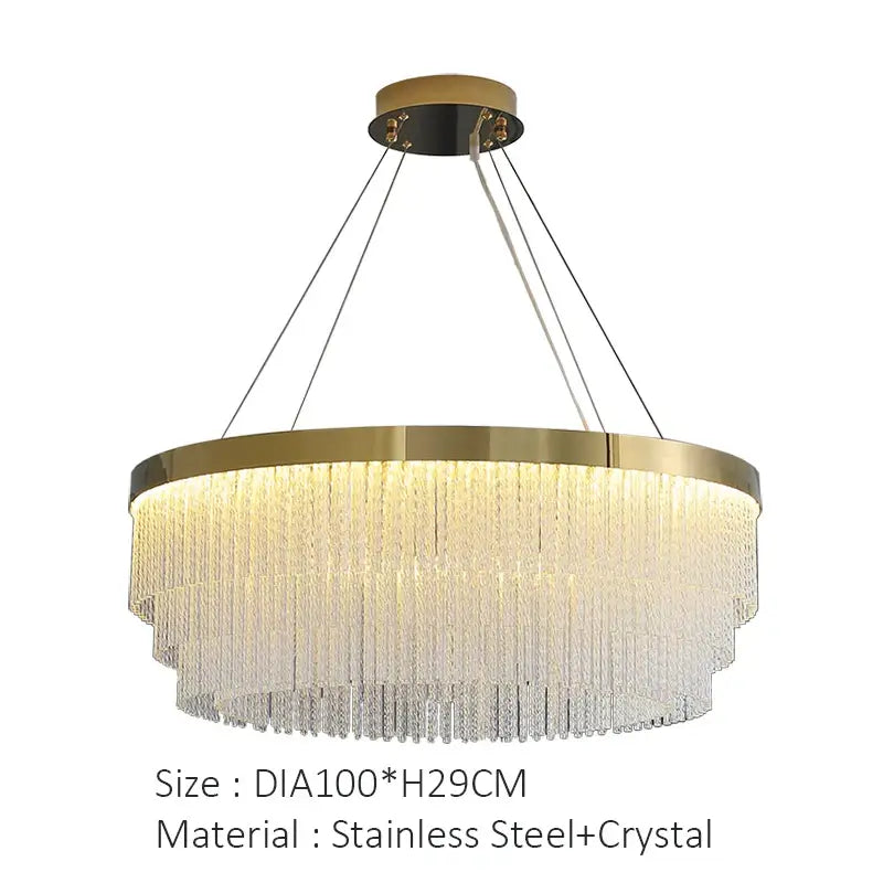 DecorBites™ elegant gold crystal chandelier with tiered stainless steel frame and cascading crystal strands for home lighting