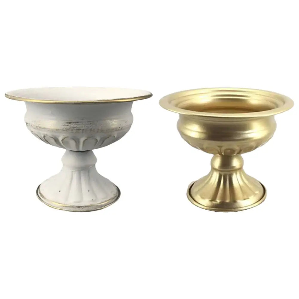 DecorBites™ elegant metal flower vase candle holders with ornate pedestal bowls in distressed white gold and solid brass