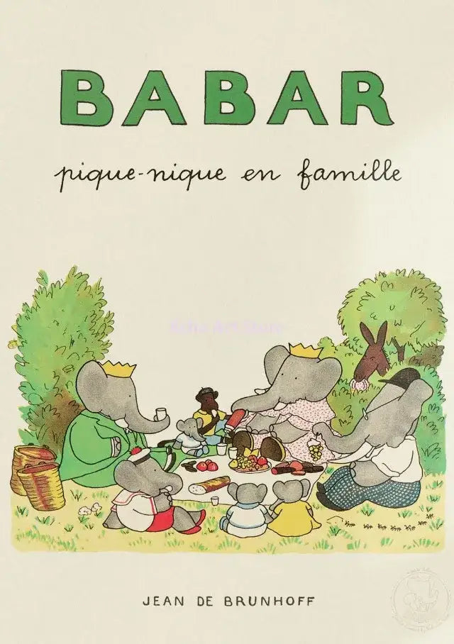 Cover of babar pique-nique en famille featuring colorful elephant babar family illustration for kids room decor print