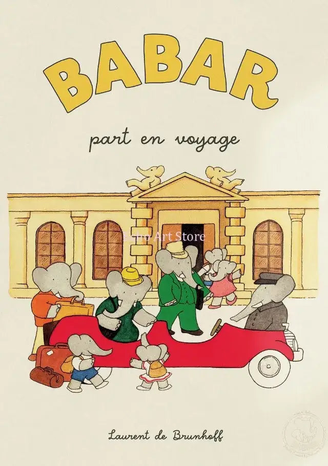 Cover of children’s book babar part en voyage with elephant babar family in red convertible for decorbites elephant babar poster