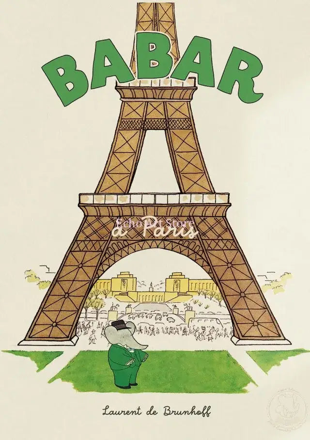 Green cartoon elephant babar in a green suit and black top hat under eiffel tower in decorbites elephant babar family yoga poster
