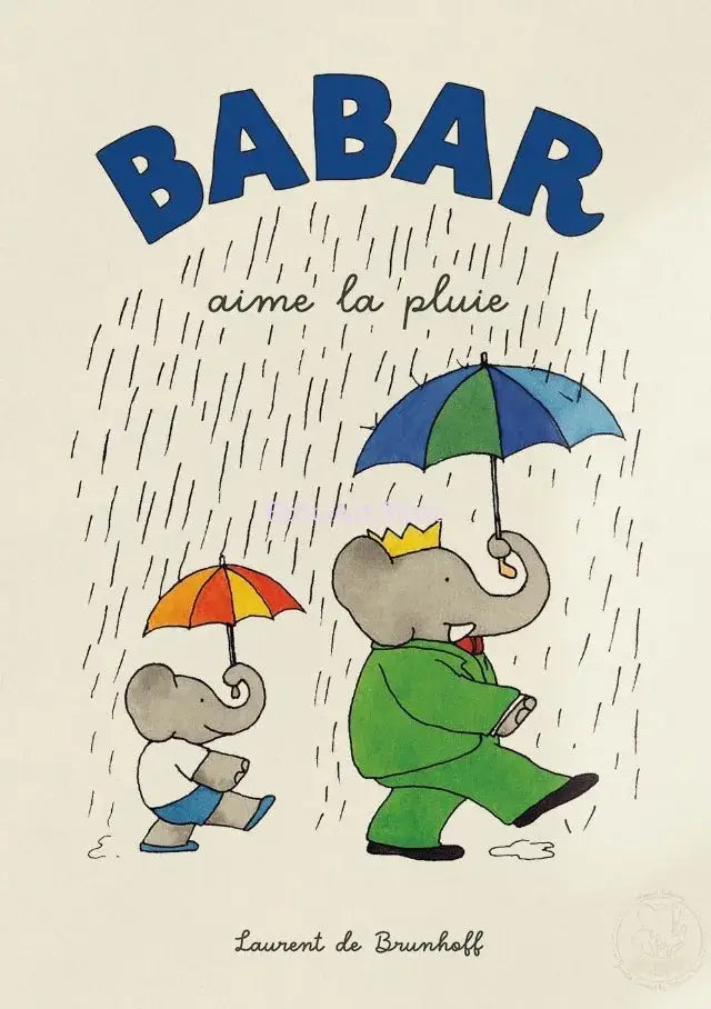 Decorbites™ elephant family cartoon canvas wall art featuring a blue and green umbrella held by elephant in rainstorm