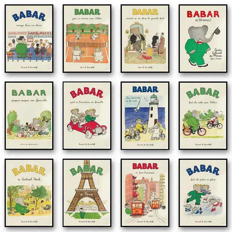 Decorbites™ elephant family cartoon canvas wall art featuring nine framed colorful babar children’s book posters