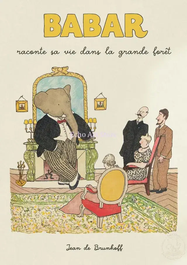 A sophisticated elephant in a black tuxedo and red bow tie sits before an ornate mirror in a kids room elephant family cartoon poster