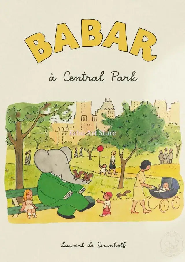 Charmingly illustrated elephant family cartoon wall art featuring babar in a green suit on a park bench for kids room