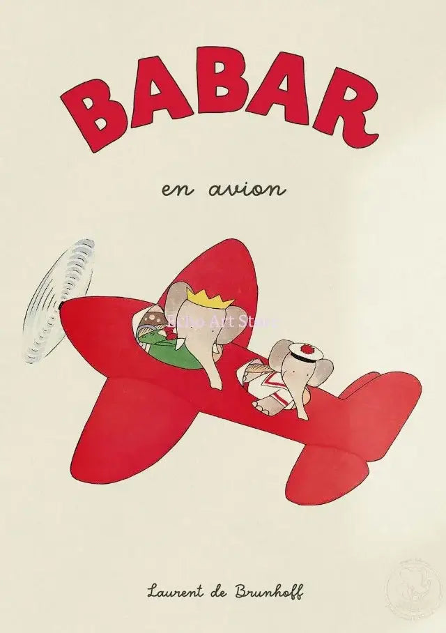 Red airplane wall art featuring elephant family cartoon with crowned elephant in cockpit for kids room decor