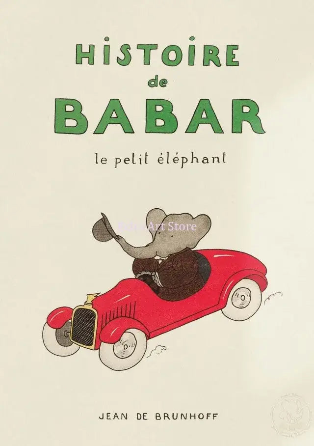 A charming kids room poster featuring elephant babar family in a red vintage car for DecorBites™ cartoon decor