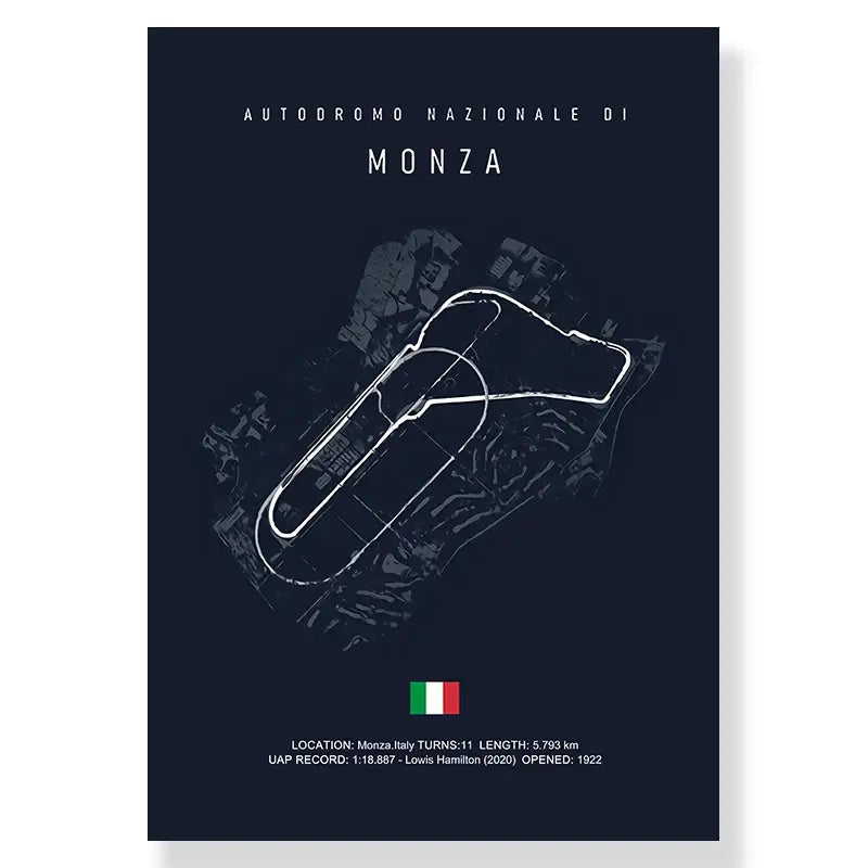 Dark blue canvas painting featuring a white monza racetrack line drawing and italian flag for living room decor