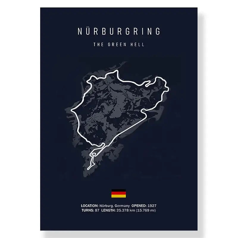 Dark blue nürburgring circuit canvas painting with white line art and german flag for living room decor by decorbites