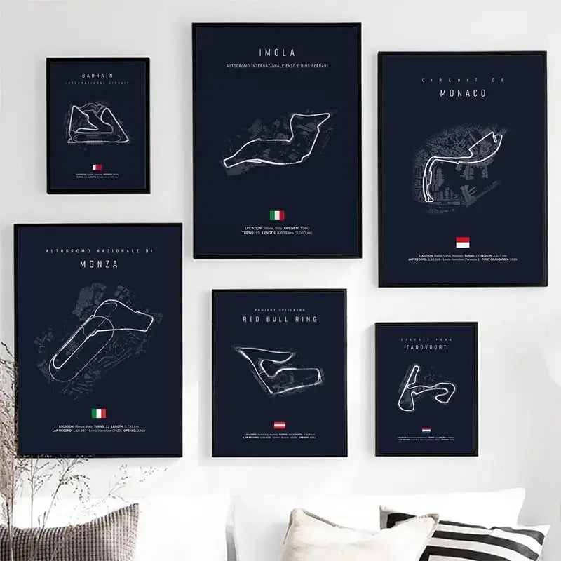 Set of six black-and-white framed F1 circuit canvas paintings with white line art for living room decor by DecorBites™