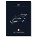 Decorbites™ f1 race track canvas art print in dark blue featuring white line drawing of imola monaco track circuit with italian flag