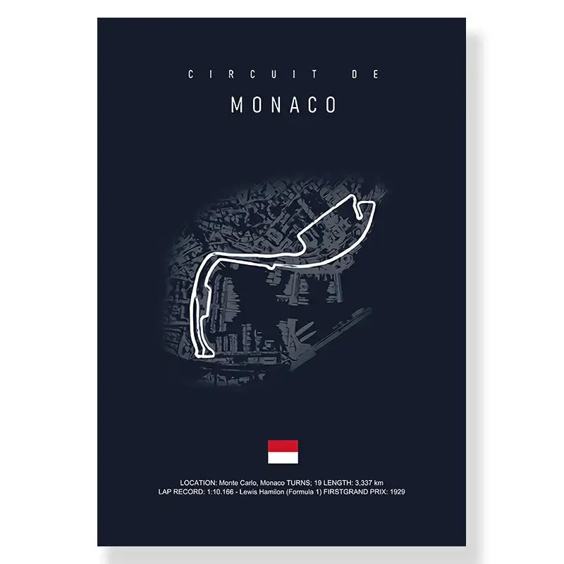 Dark blue decorbites™ f1 race track canvas art print featuring a white line monaco track circuit over a grayscale cityscape
