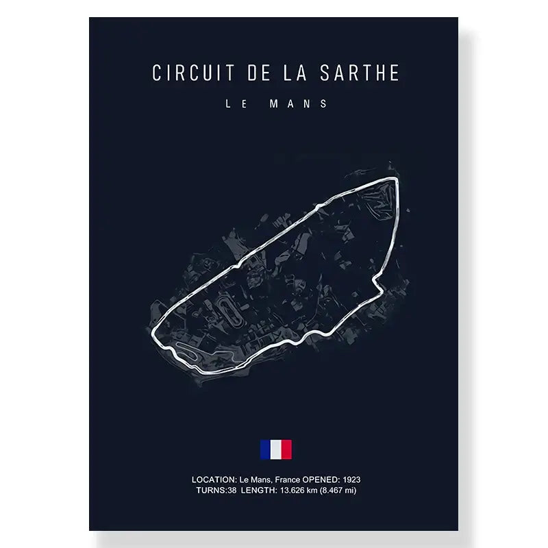Dark blue decorbites™ f1 race track circuit canvas wall art featuring white line drawing of circuit de la sarthe and french flag