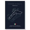 Dark blue DecorBites™ F1 race track circuit canvas featuring white monza track line drawing and Italian flag accents