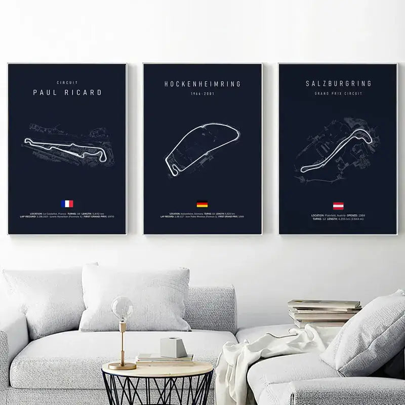 DecorBites™ F1 race track circuit canvas wall art with three framed navy posters featuring white line drawings and flags