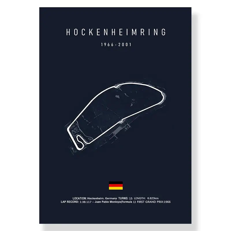 Dark blue decorbites™ f1 racing track canvas art print featuring white hockenheimring line drawing and german flag