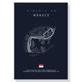 Dark blue monaco racing track canvas art print with white line drawing over grayscale cityscape by decorbites
