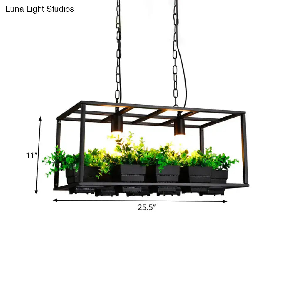DecorBites™ Factory Metallic Island Lamp with Artificial Plant Deco - Black/White Rectangle, 2 Lights for Living Room
