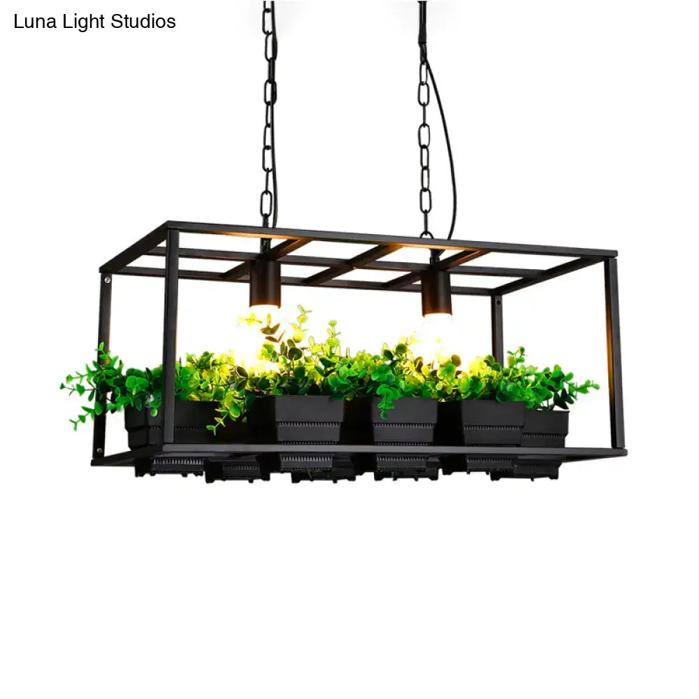 DecorBites™ Factory Metallic Island Lamp with Artificial Plant Deco - Black/White Rectangle, 2 Lights for Living Room