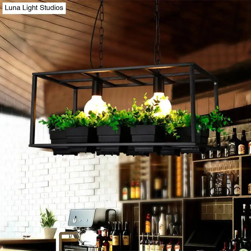 DecorBites™ Factory Metallic Island Lamp with Artificial Plant Deco - Black/White Rectangle, 2 Lights for Living Room