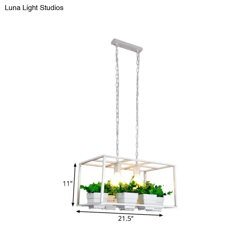 DecorBites™ Factory Metallic Island Lamp with Artificial Plant Deco - Black/White Rectangle, 2 Lights for Living Room