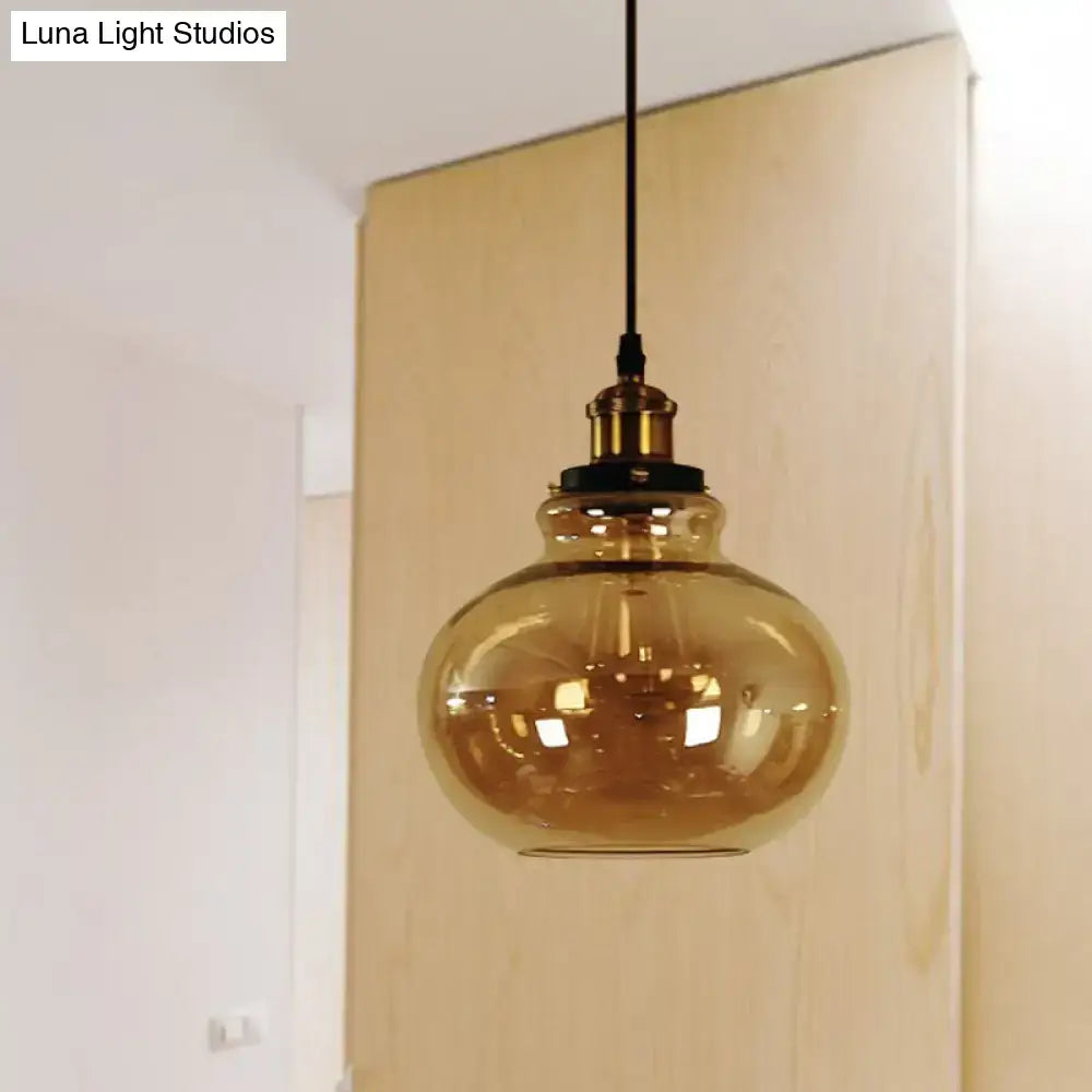 DecorBites™ Farmhouse Brass Pendant Ceiling Light - Amber Glass Hanging Lamp - 1 Light Globe - Indoor Use